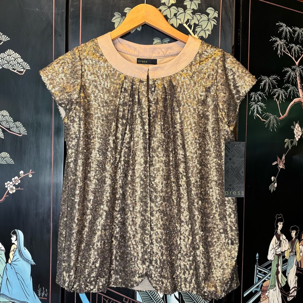 Gold Sequin Blouse with Peter Pan Collar and Cap Sleeves